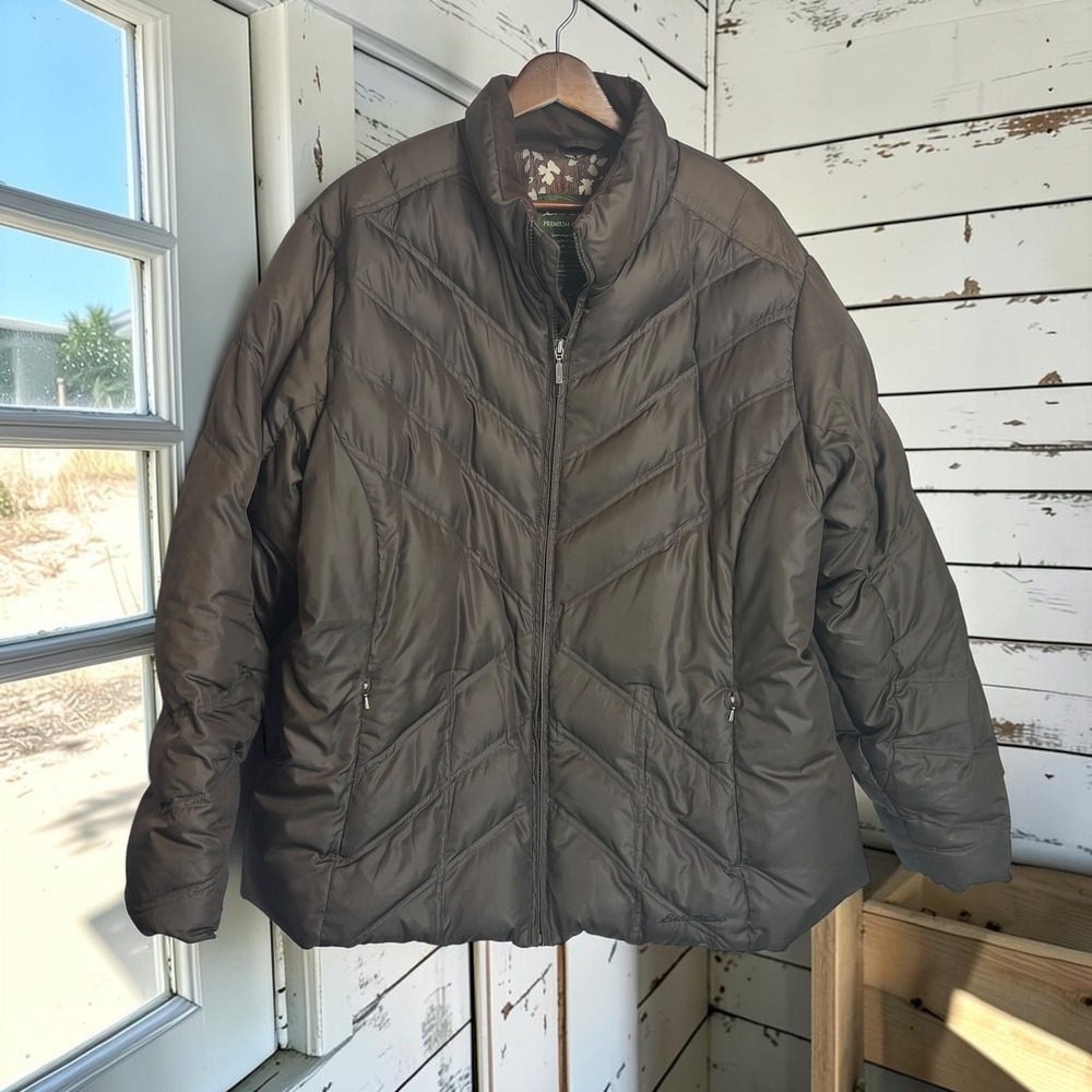 Puffer Jacket Eddie Bauer XXL Brown Premium Goose Down Packable Quilted Chevron
